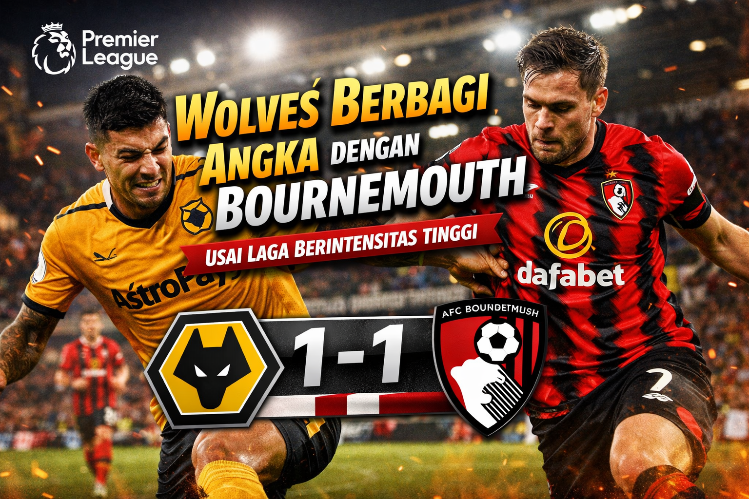 Wolves Berbagi Angka dengan Bournemouth Usai Laga Berintensitas Tinggi
