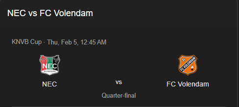 Prediksi NEC vs FC Volendam, 05 Februari 2026 | KNVB Beker